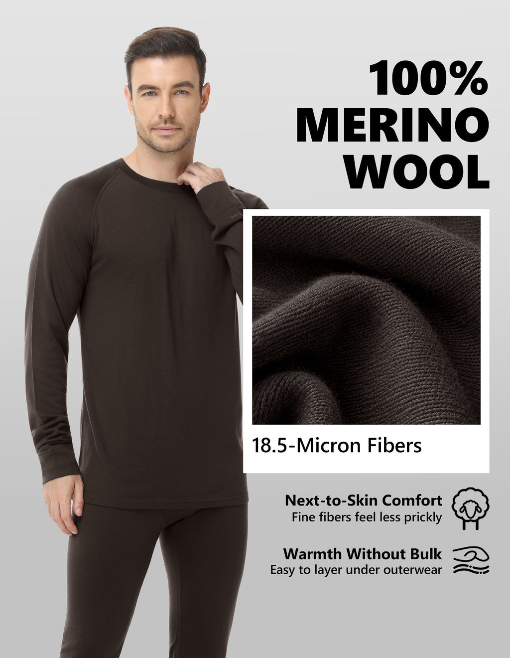 Woolcano Men’s 260g Merino Wool Base Layer Top Lightweight Thermal Underwear Shirt