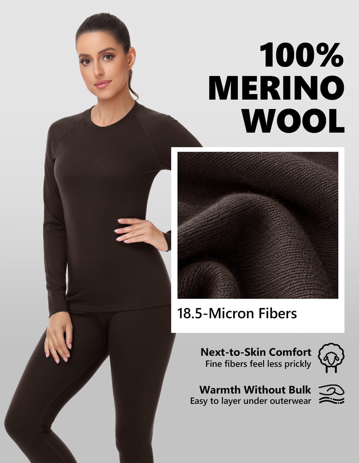 Woolcano Women's 190g Merino Wool Base Layer Set Lightweight Thermal Underwear