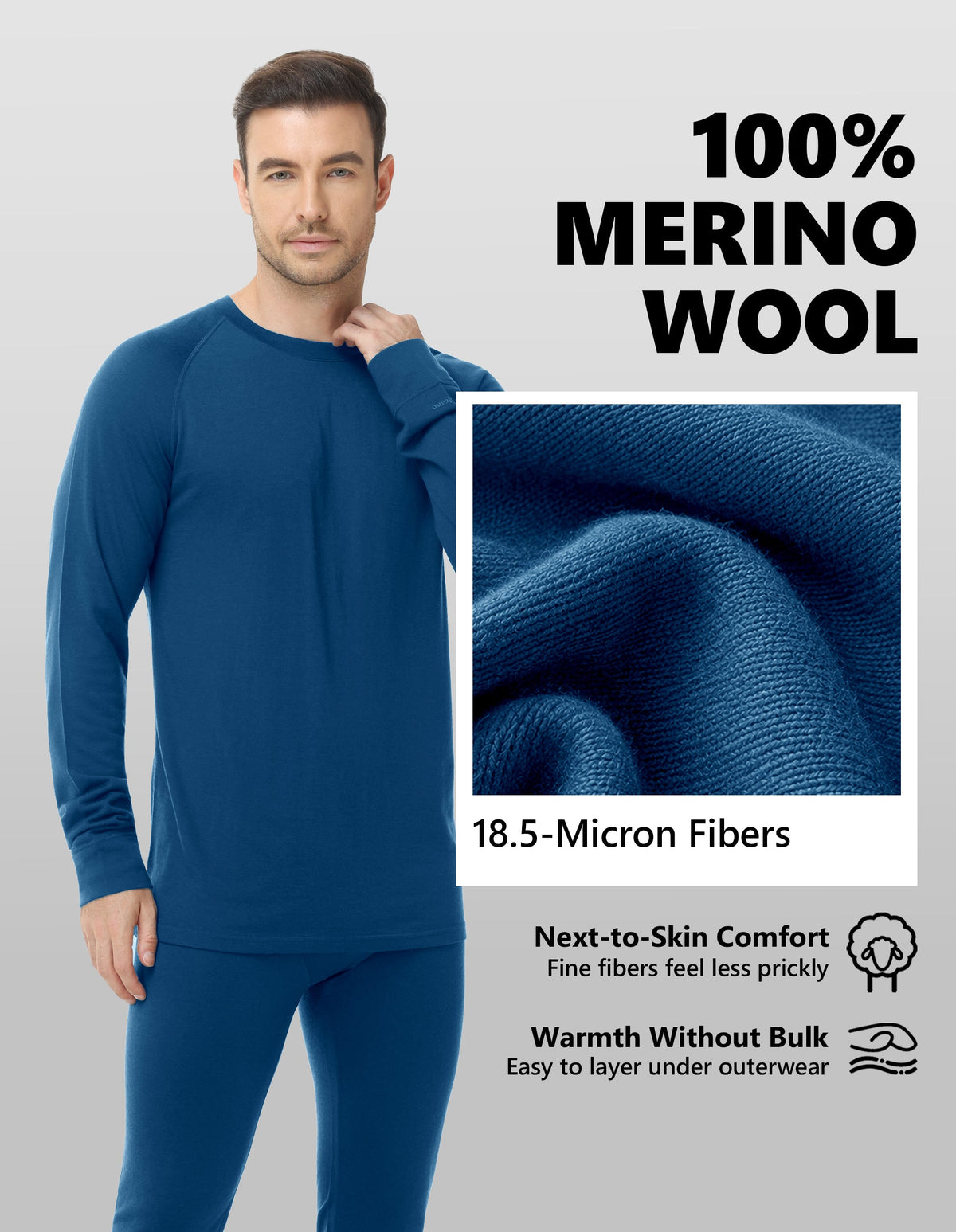 Woolcano Men’s 190g Merino Wool Base Layer Set Lightweight Thermal Underwear