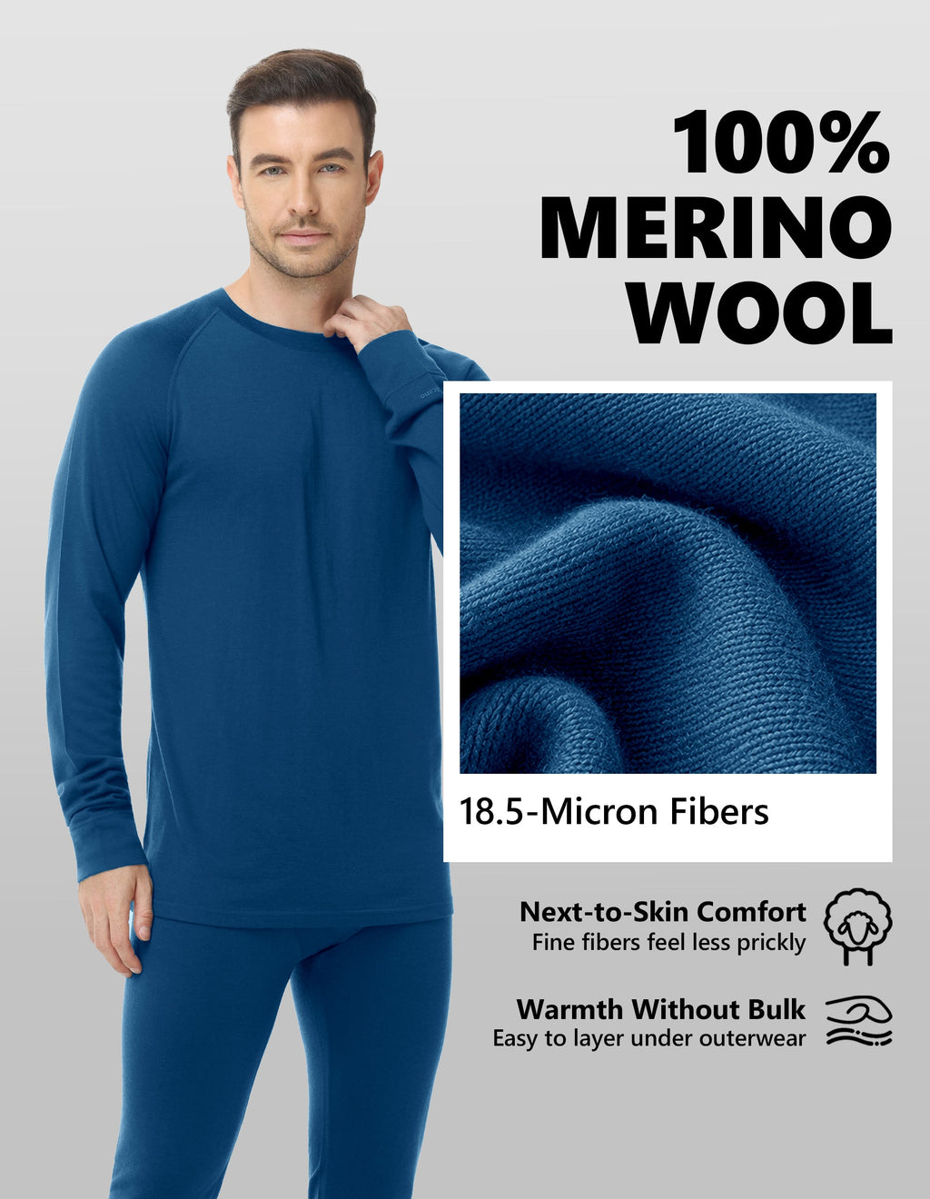 Woolcano Men’s 190g Merino Wool Base Layer Shirt Lightweight Thermal Underwear Top