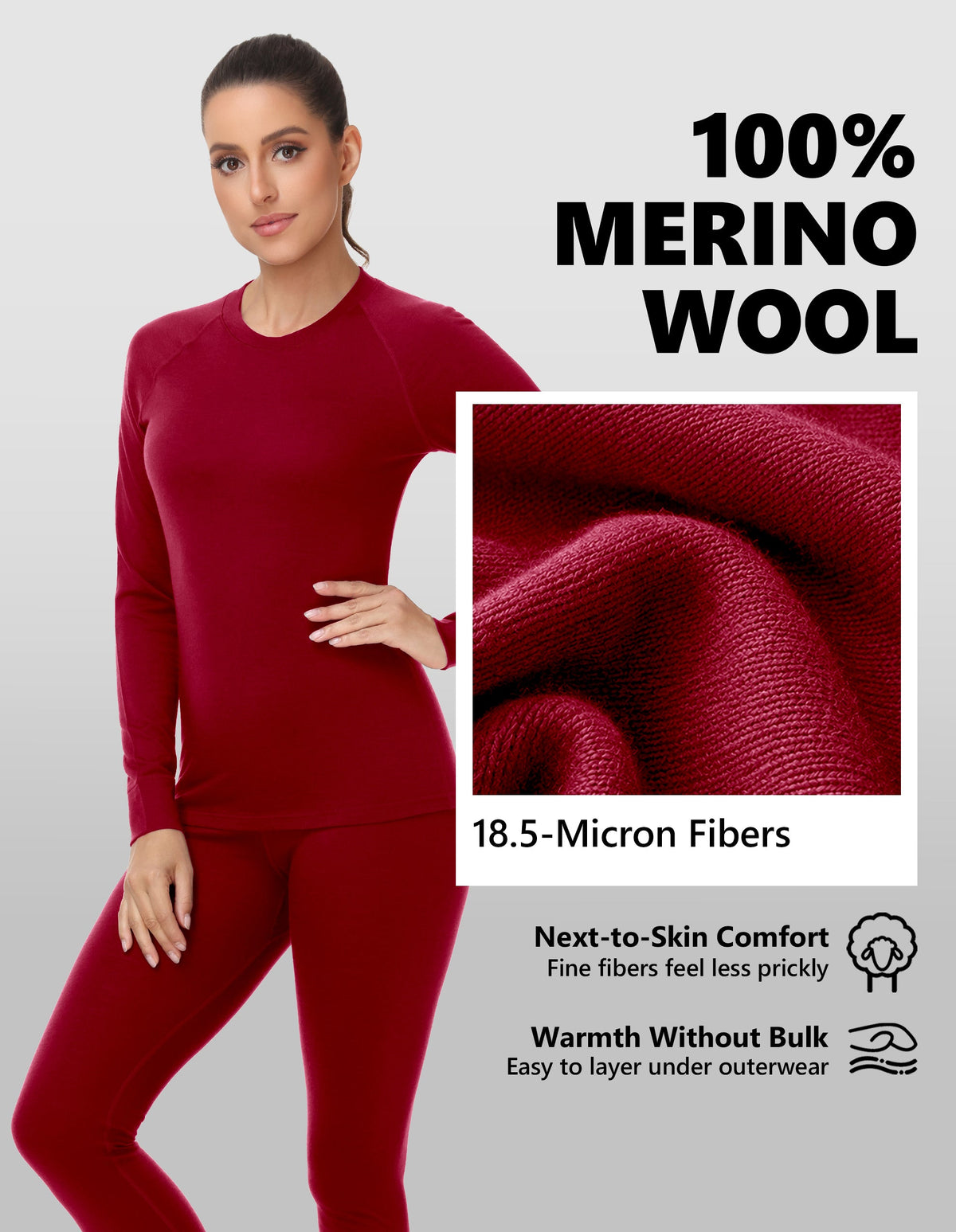 Woolcano Women's 190g Merino Wool Base Layer Set Lightweight Thermal Underwear