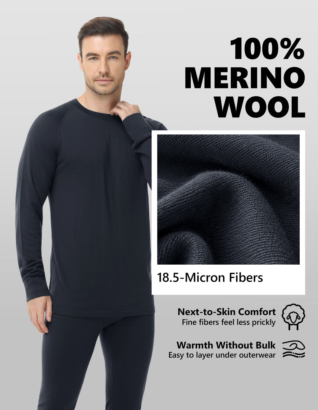 Woolcano Men’s 190g Merino Wool Base Layer Set Lightweight Thermal Underwear
