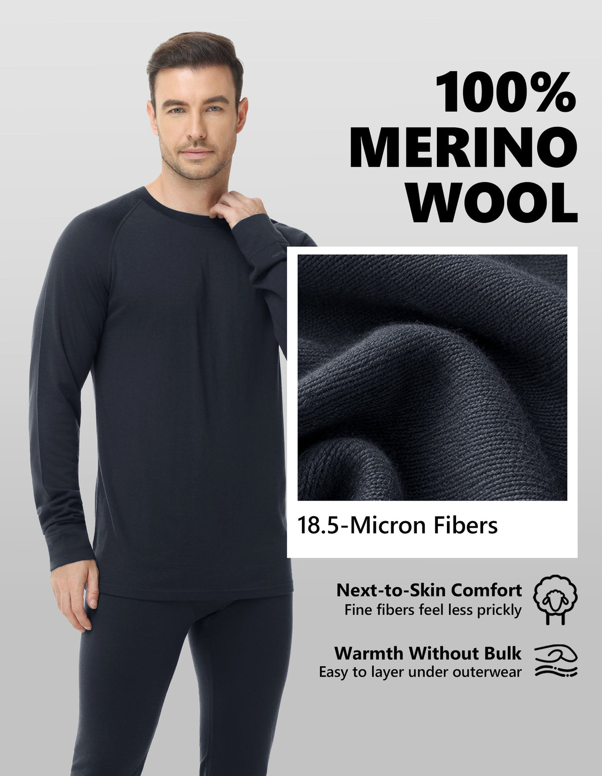 Woolcano Men’s 190g Merino Wool Base Layer Set Lightweight Thermal Underwear