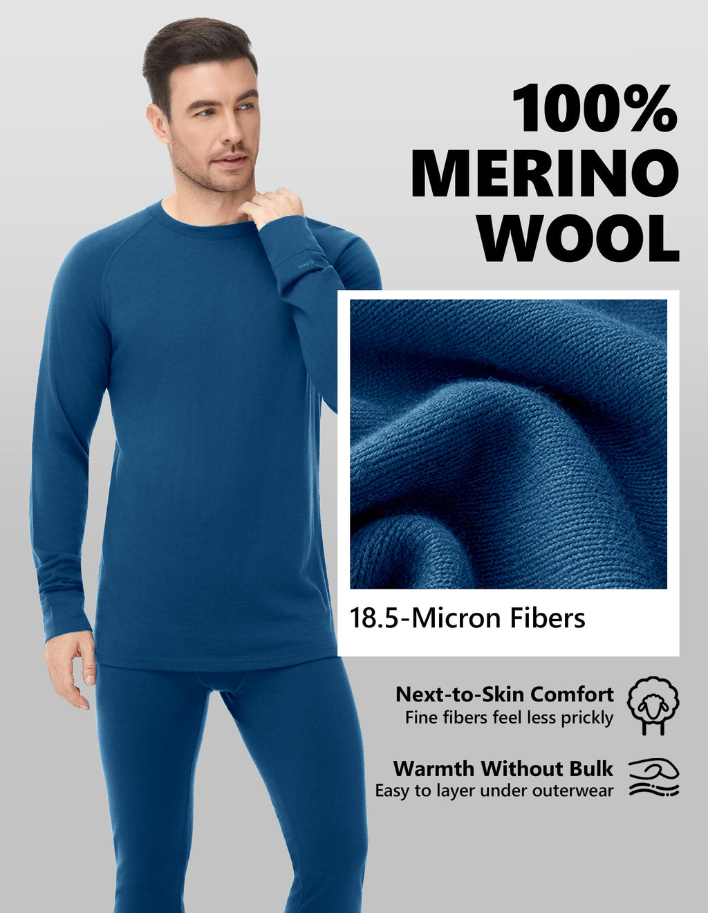 Woolcano Men’s 260g Merino Wool Base Layer Set Lightweight Thermal Underwear