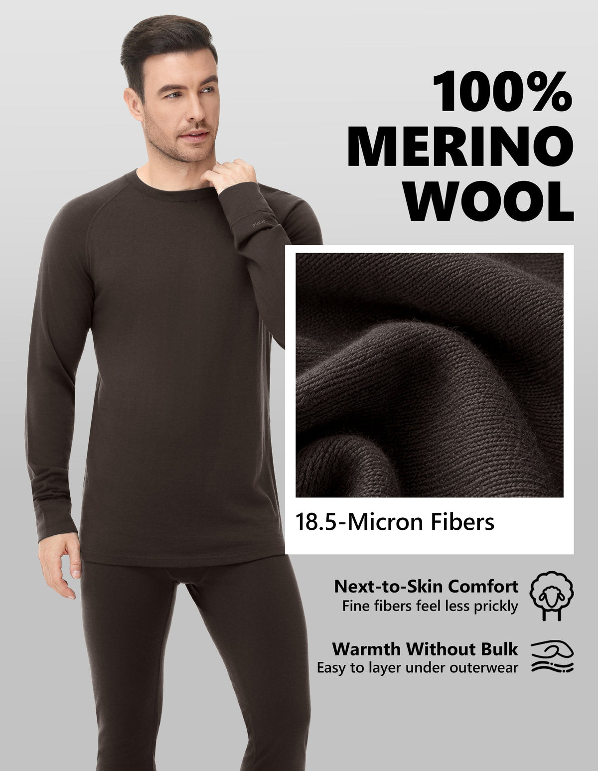 Woolcano Men’s 260g Merino Wool Base Layer Set Lightweight Thermal Underwear