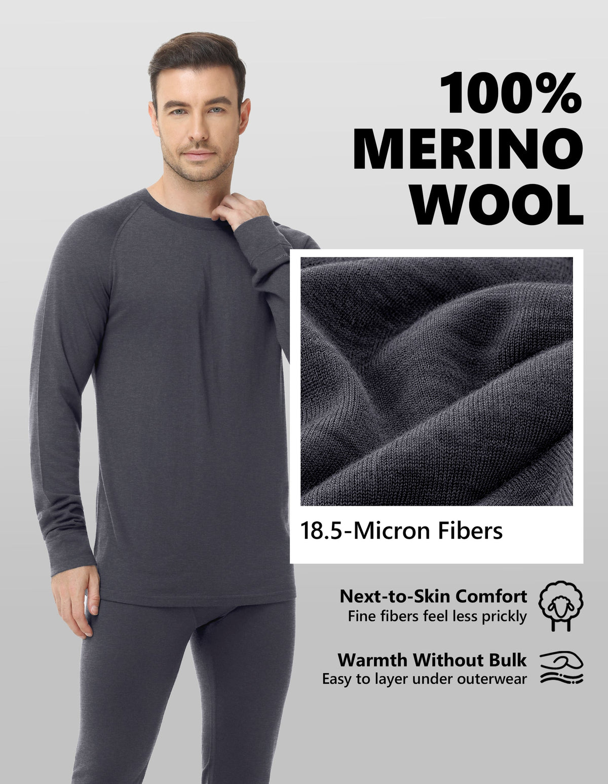 Woolcano Men’s 190g Merino Wool Base Layer Shirt Lightweight Thermal Underwear Top