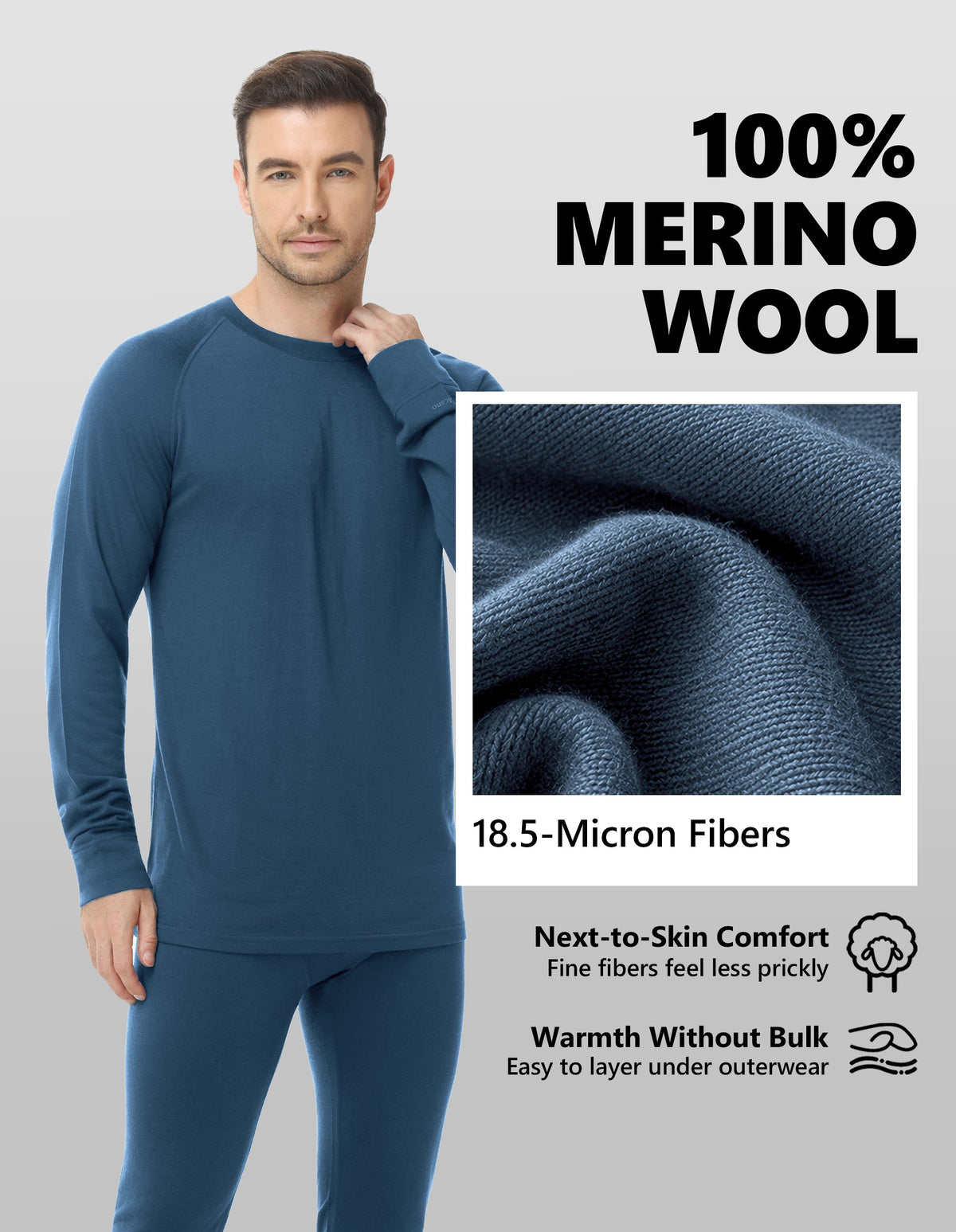 Woolcano Men’s 190g Merino Wool Base Layer Shirt Lightweight Thermal Underwear Top
