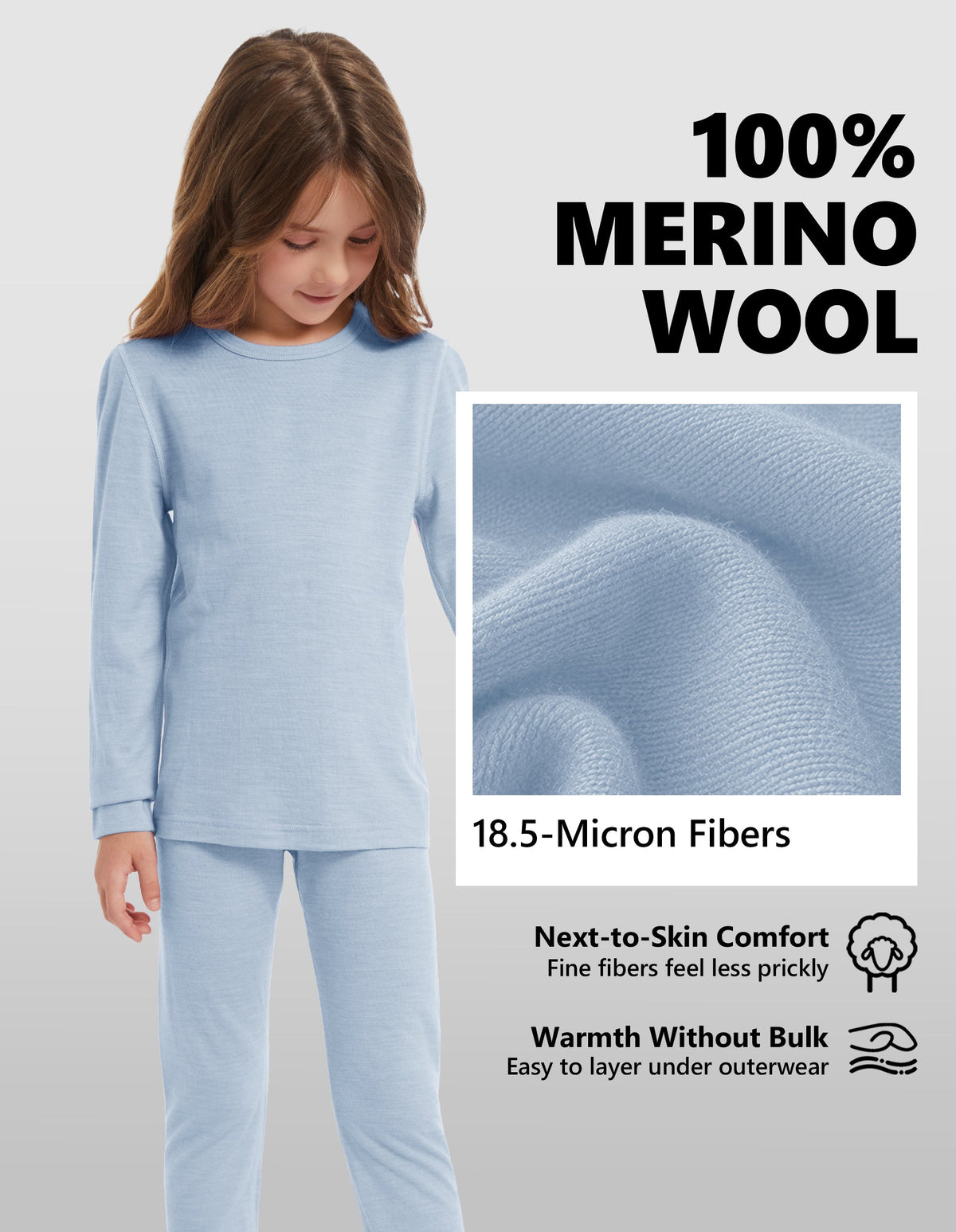 Woolcano Kid's 190g Merino Wool Unisex Base Layer Set Lightweight Thermal Underwear