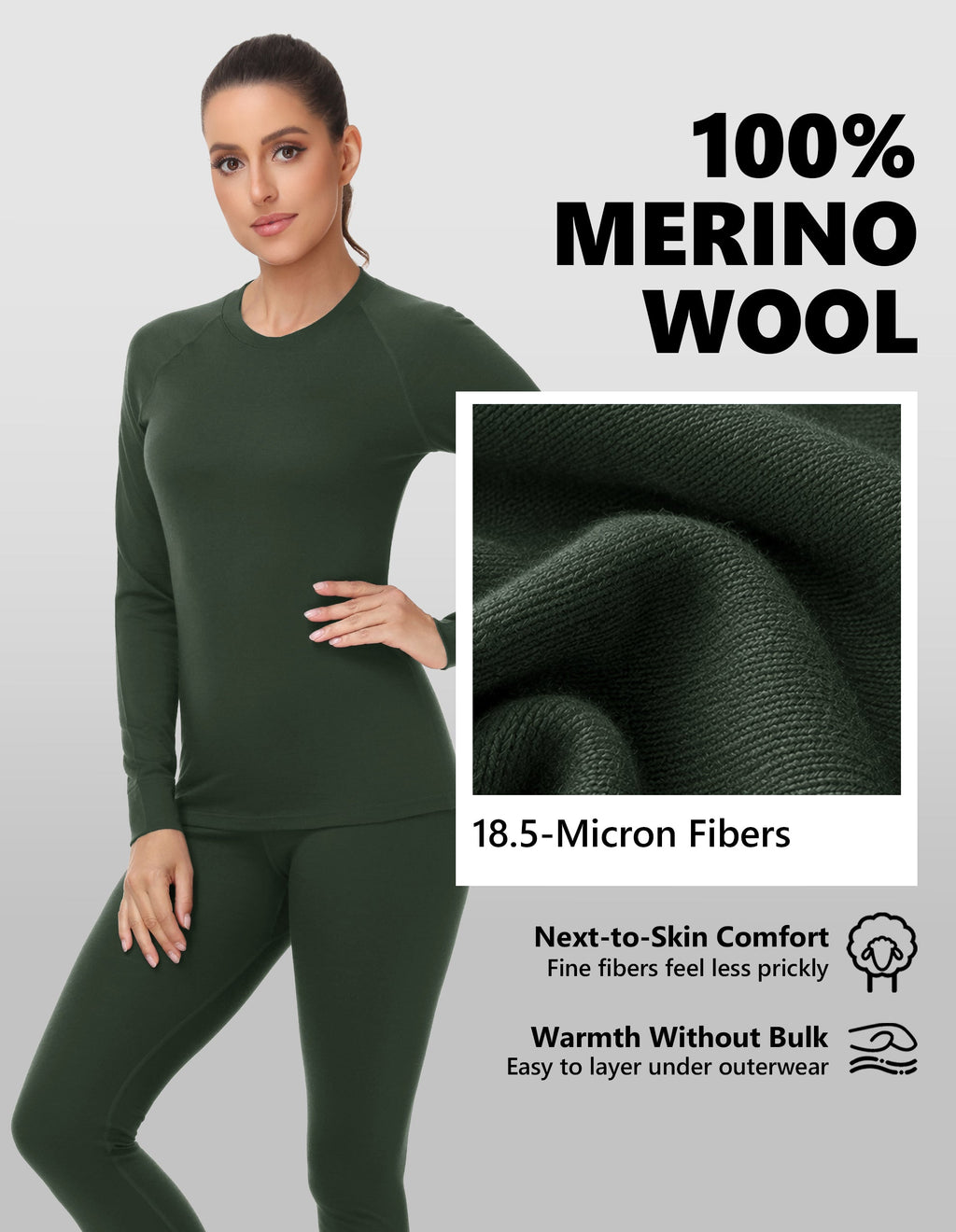 Woolcano Women's 190g Merino Wool Base Layer Set Lightweight Thermal Underwear