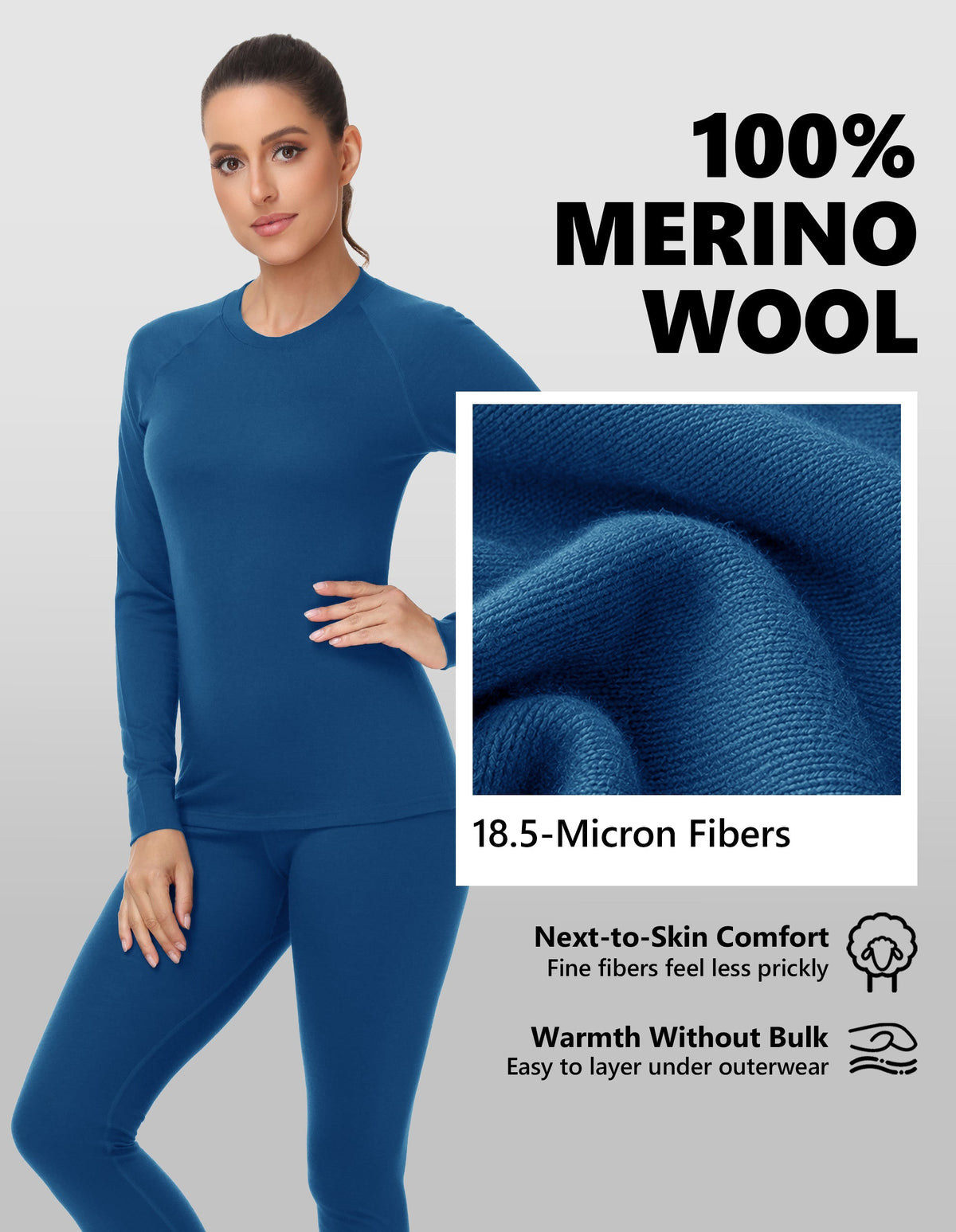 Woolcano Women's 190g Merino Wool Base Layer Set Lightweight Thermal Underwear