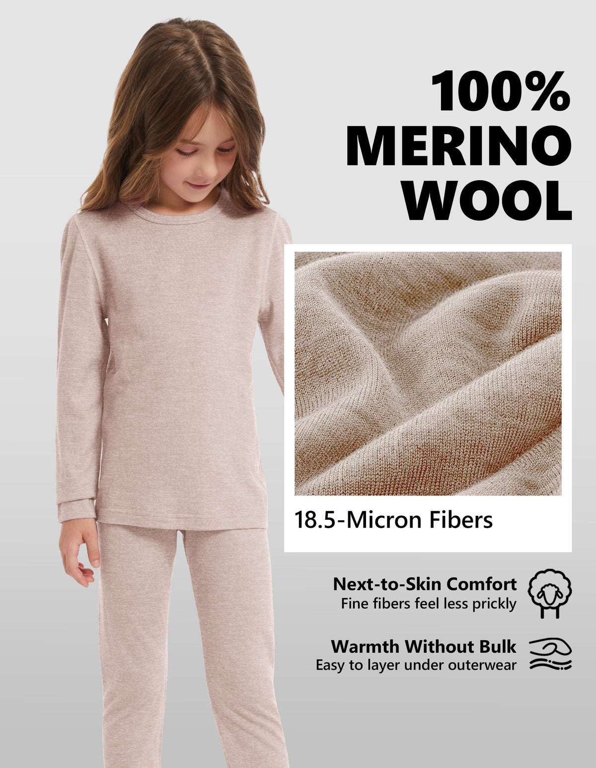 Woolcano Kid's 190g Merino Wool Unisex Base Layer Set Lightweight Thermal Underwear