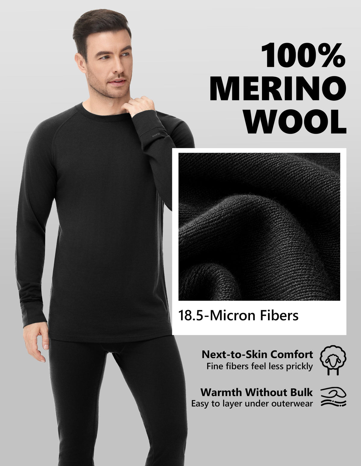 Woolcano Men’s 260g Merino Wool Base Layer Set Lightweight Thermal Underwear