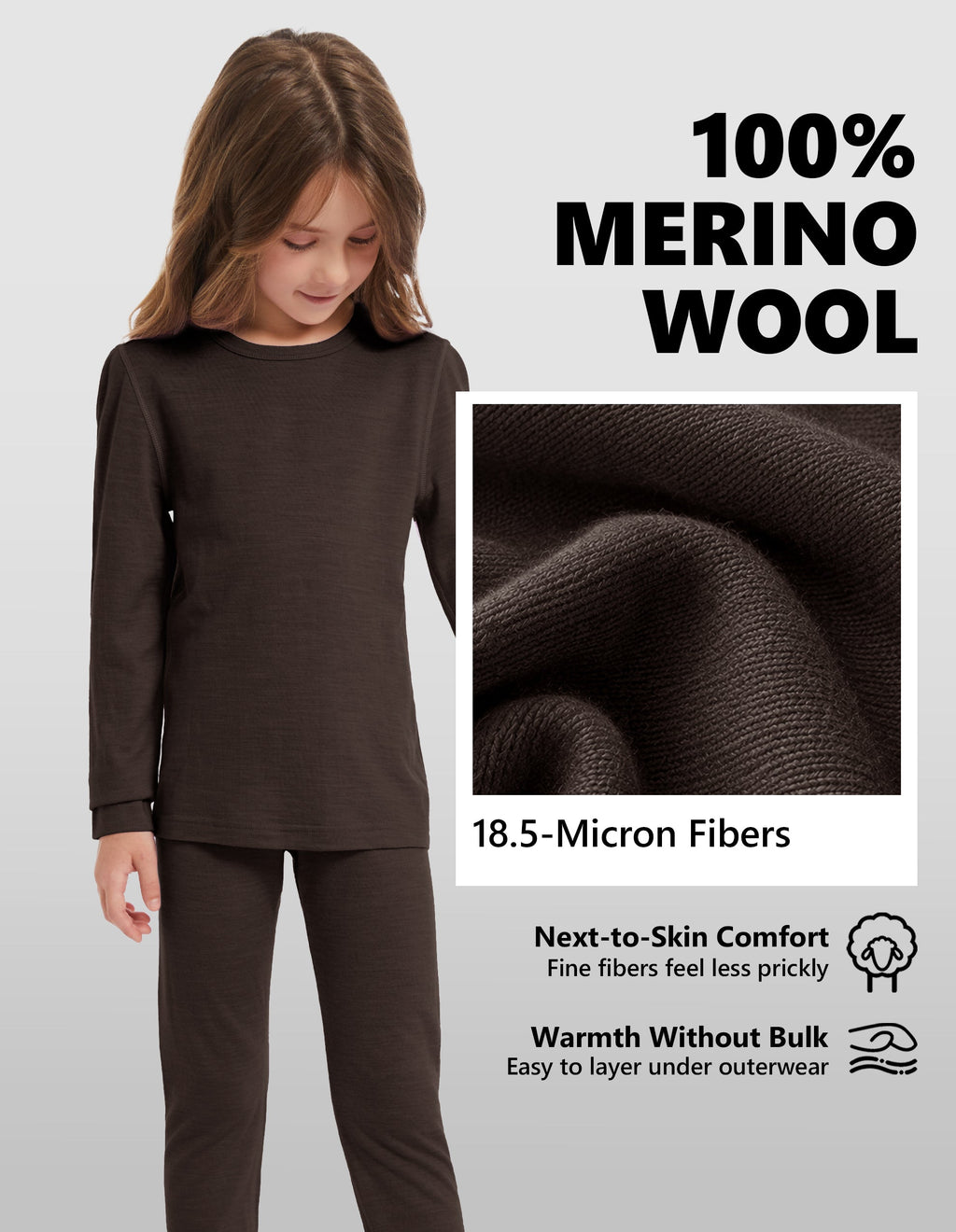 Woolcano Kid's 190g Merino Wool Unisex Base Layer Set Lightweight Thermal Underwear