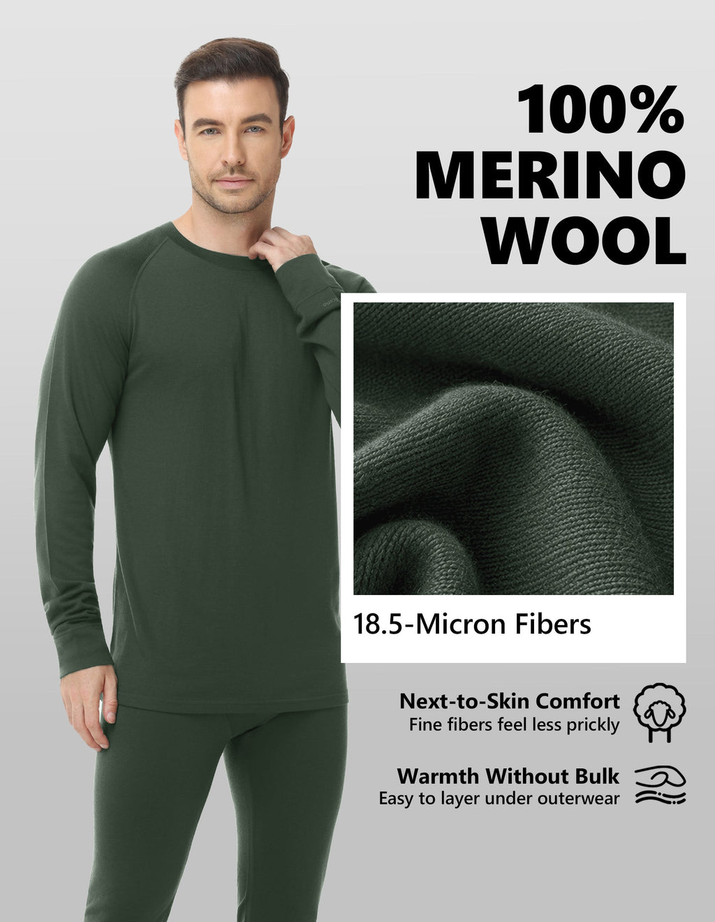 Woolcano Men’s 190g Merino Wool Base Layer Set Lightweight Thermal Underwear