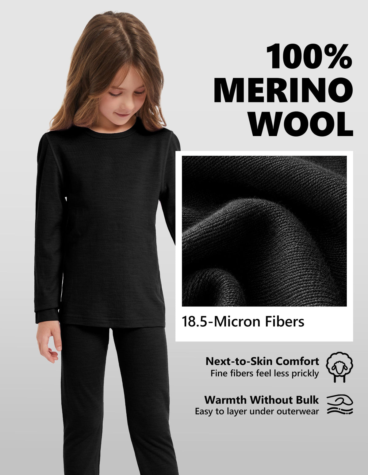 Woolcano Kid's 190g Merino Wool Unisex Base Layer Set Lightweight Thermal Underwear