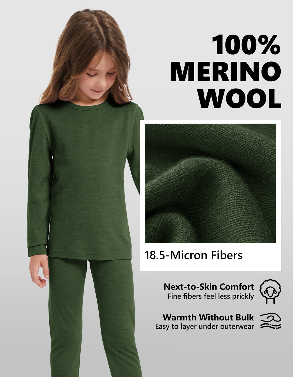 Woolcano Kid's 190g Merino Wool Unisex Base Layer Set Lightweight Thermal Underwear
