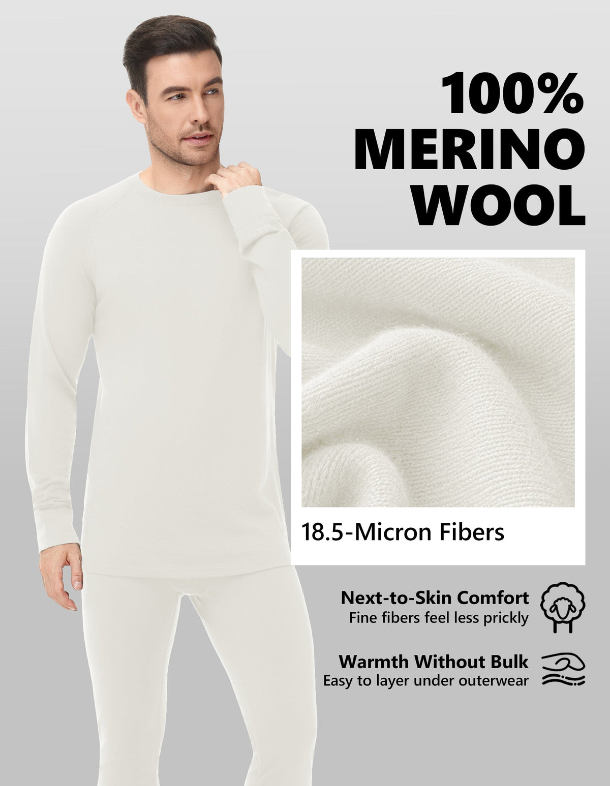 Woolcano Men’s 260g Merino Wool Base Layer Set Lightweight Thermal Underwear