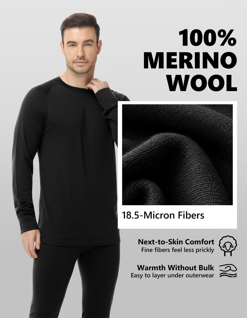 Woolcano Men’s 260g Merino Wool Base Layer Top Lightweight Thermal Underwear Shirt
