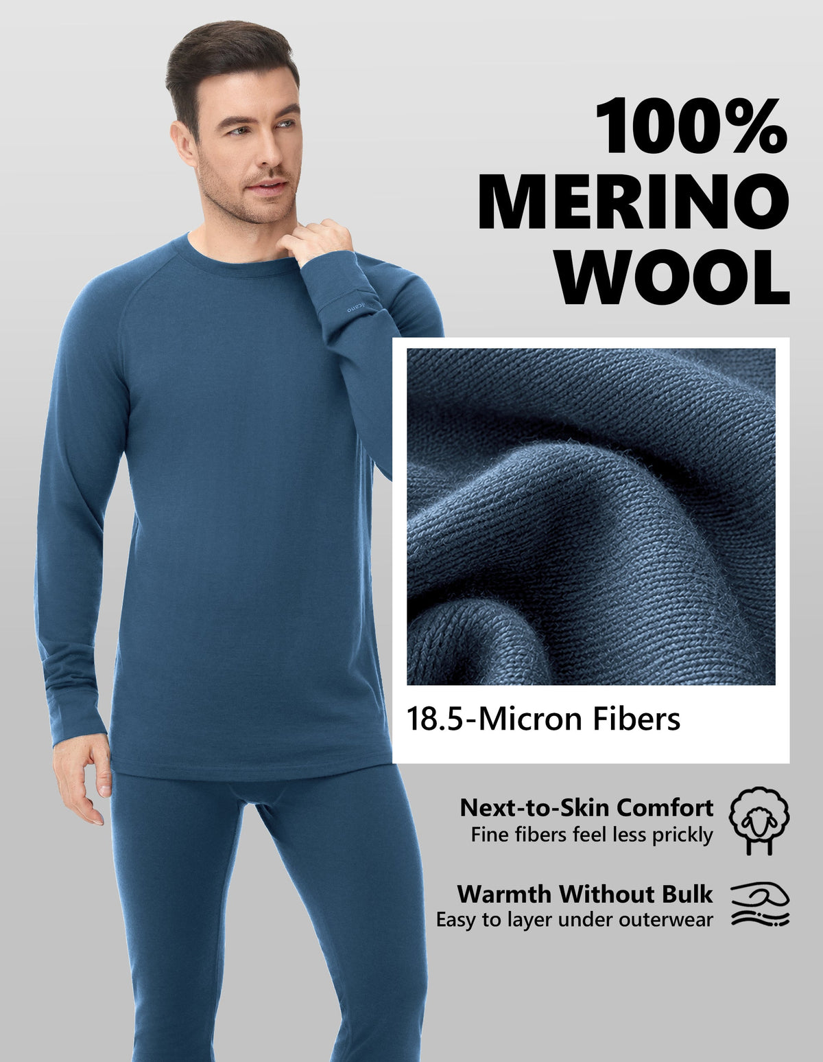 Woolcano Men’s 260g Merino Wool Base Layer Set Lightweight Thermal Underwear