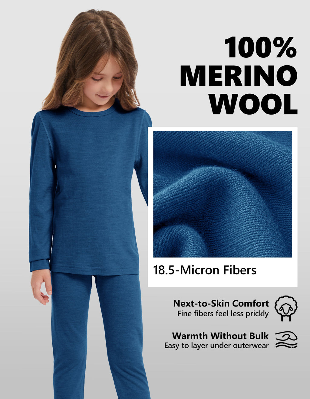 Woolcano Kid's 190g Merino Wool Unisex Base Layer Set Lightweight Thermal Underwear