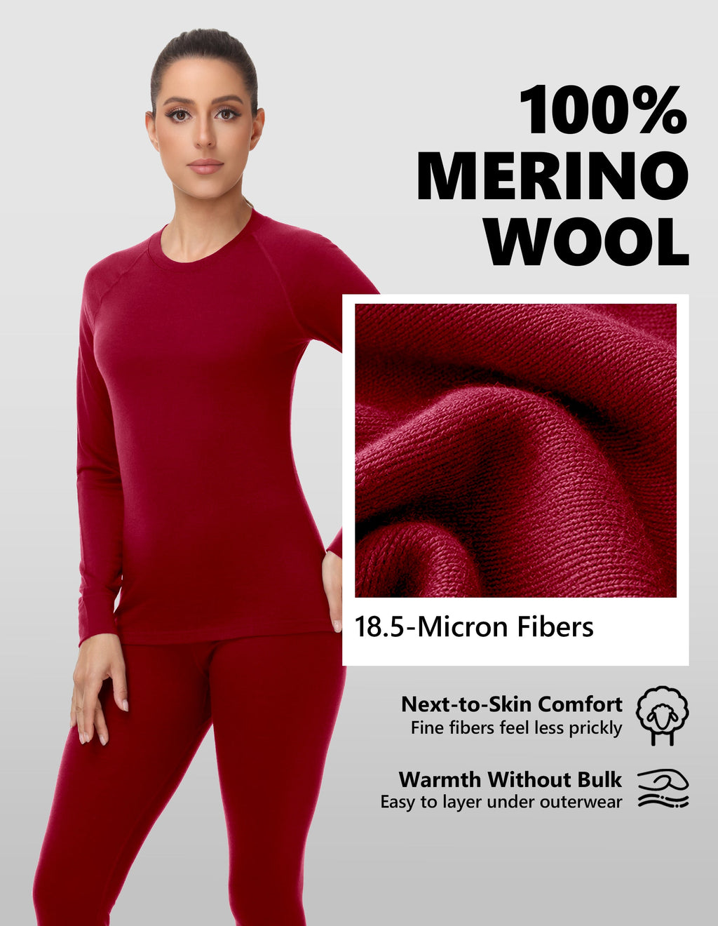 Woolcano Women's 260g Merino Wool Base Layer Set Lightweight Thermal Underwear
