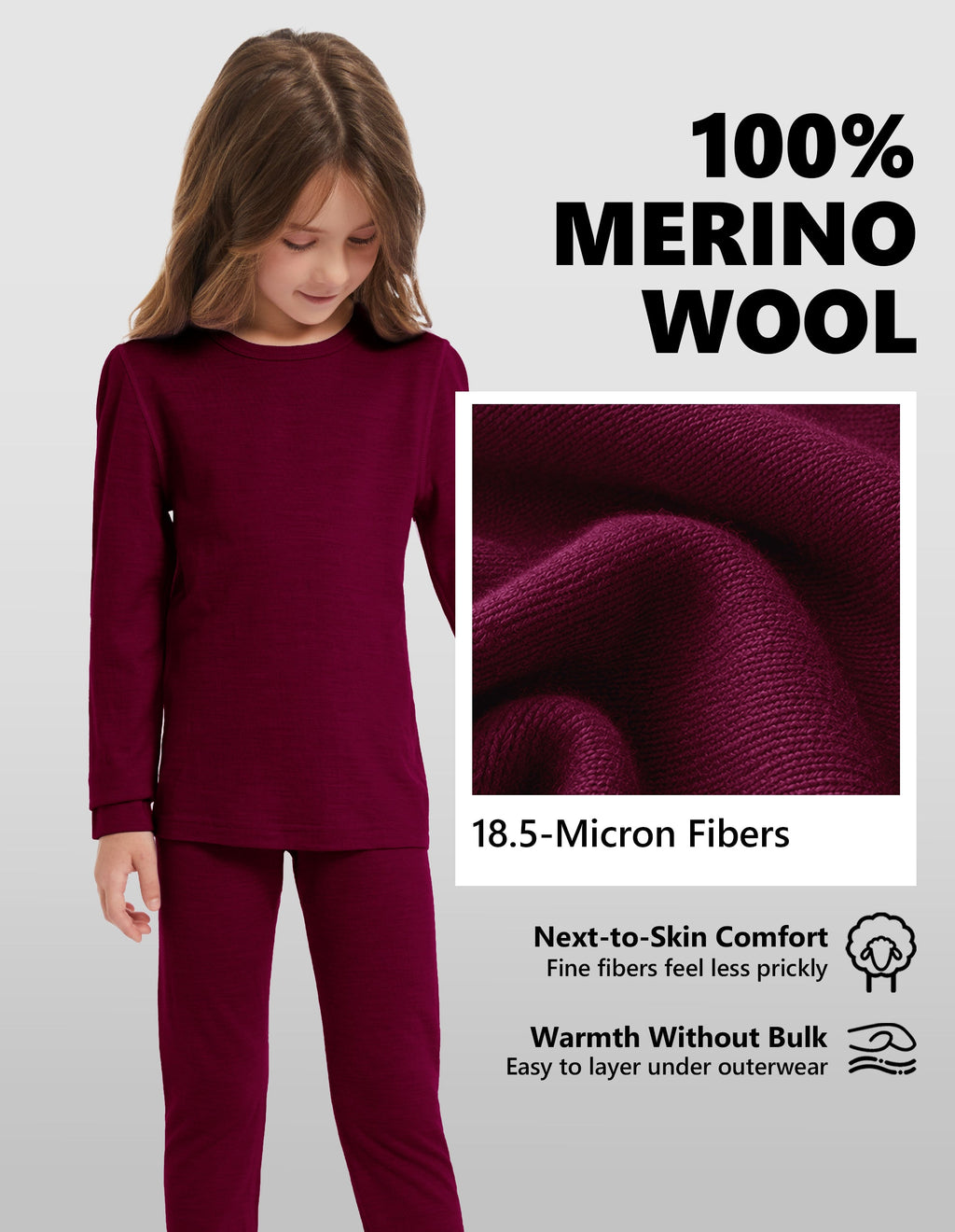 Woolcano Kid's 190g Merino Wool Unisex Base Layer Set Lightweight Thermal Underwear