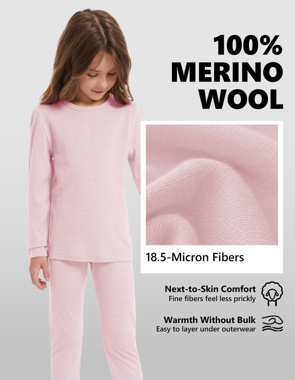 Woolcano Kid's 190g Merino Wool Unisex Base Layer Set Lightweight Thermal Underwear