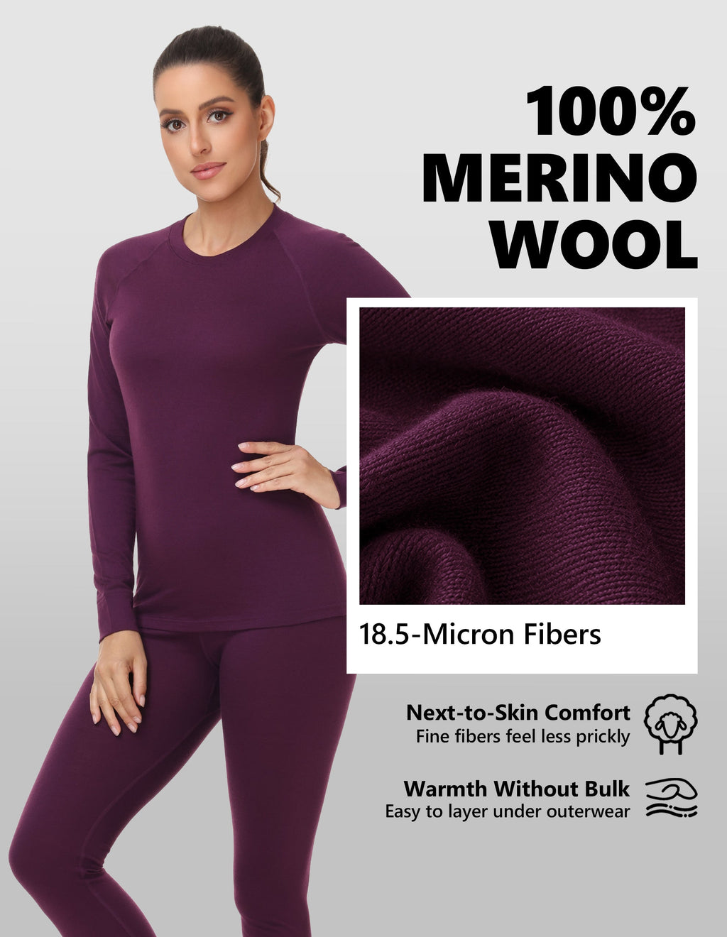 Woolcano Women's 190g Merino Wool Base Layer Set Lightweight Thermal Underwear
