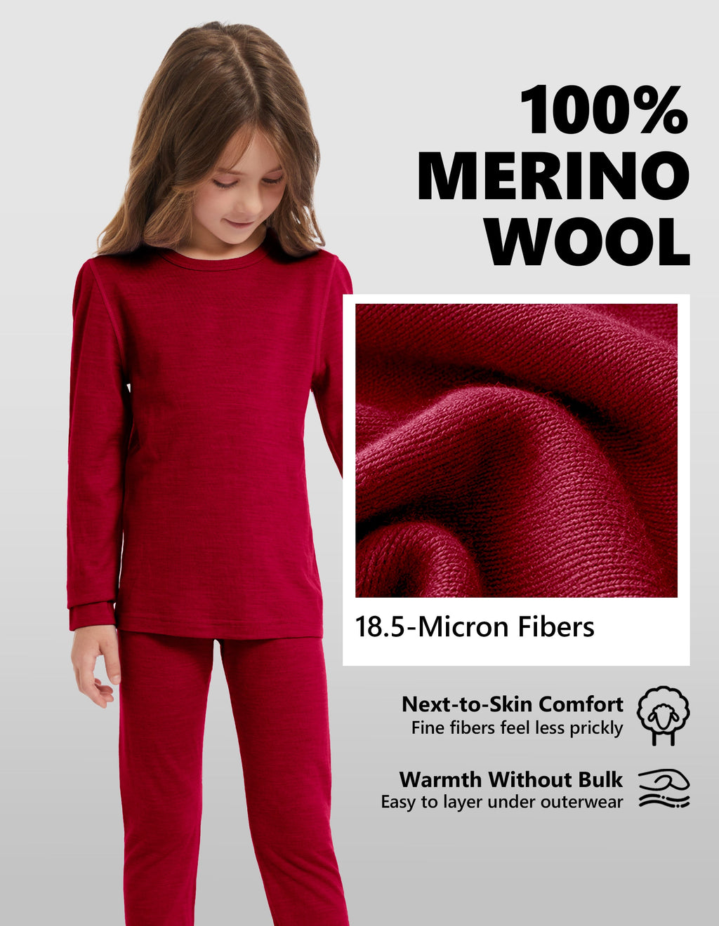 Woolcano Kid's 190g Merino Wool Unisex Base Layer Set Lightweight Thermal Underwear