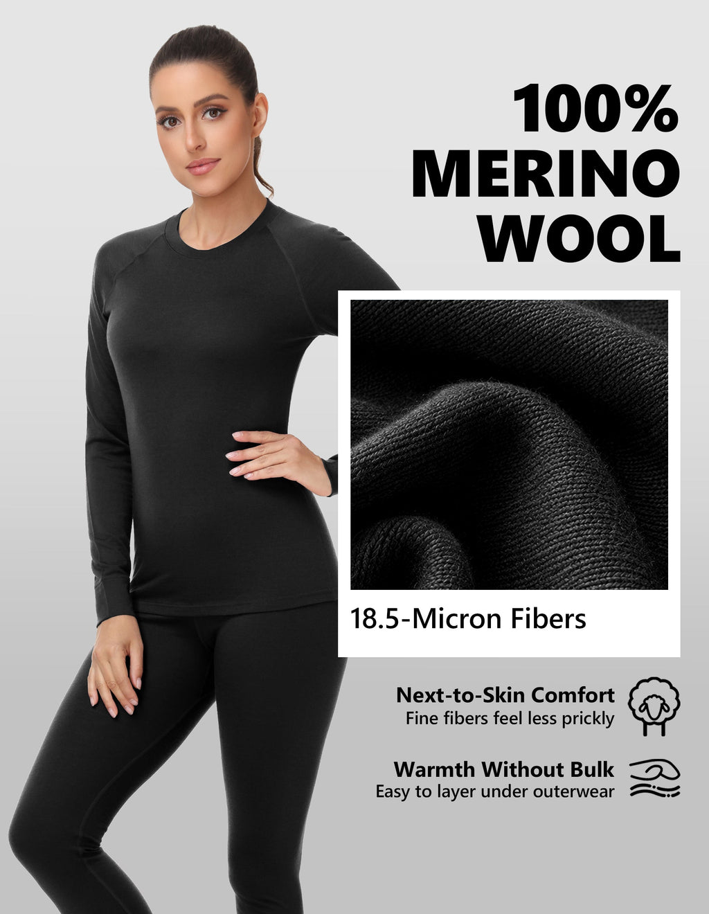 Woolcano Women's 190g Merino Wool Base Layer Set Lightweight Thermal Underwear
