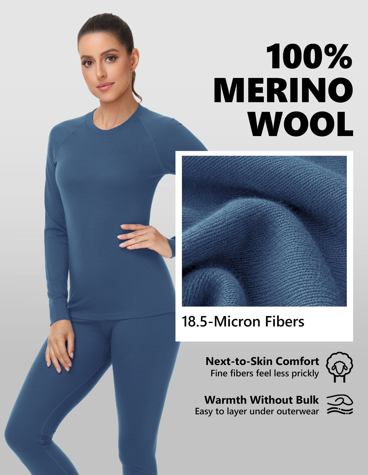 Woolcano Women's 190g Merino Wool Base Layer Set Lightweight Thermal Underwear