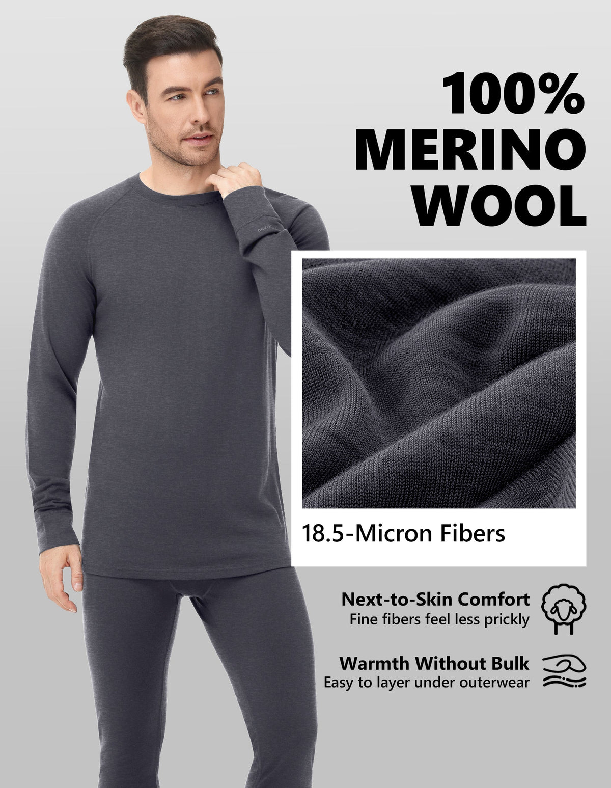 Woolcano Men’s 260g Merino Wool Base Layer Set Lightweight Thermal Underwear