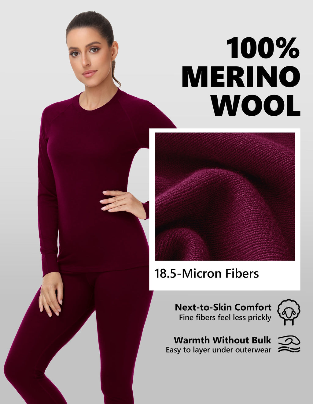 Woolcano Women's 190g Merino Wool Base Layer Set Lightweight Thermal Underwear