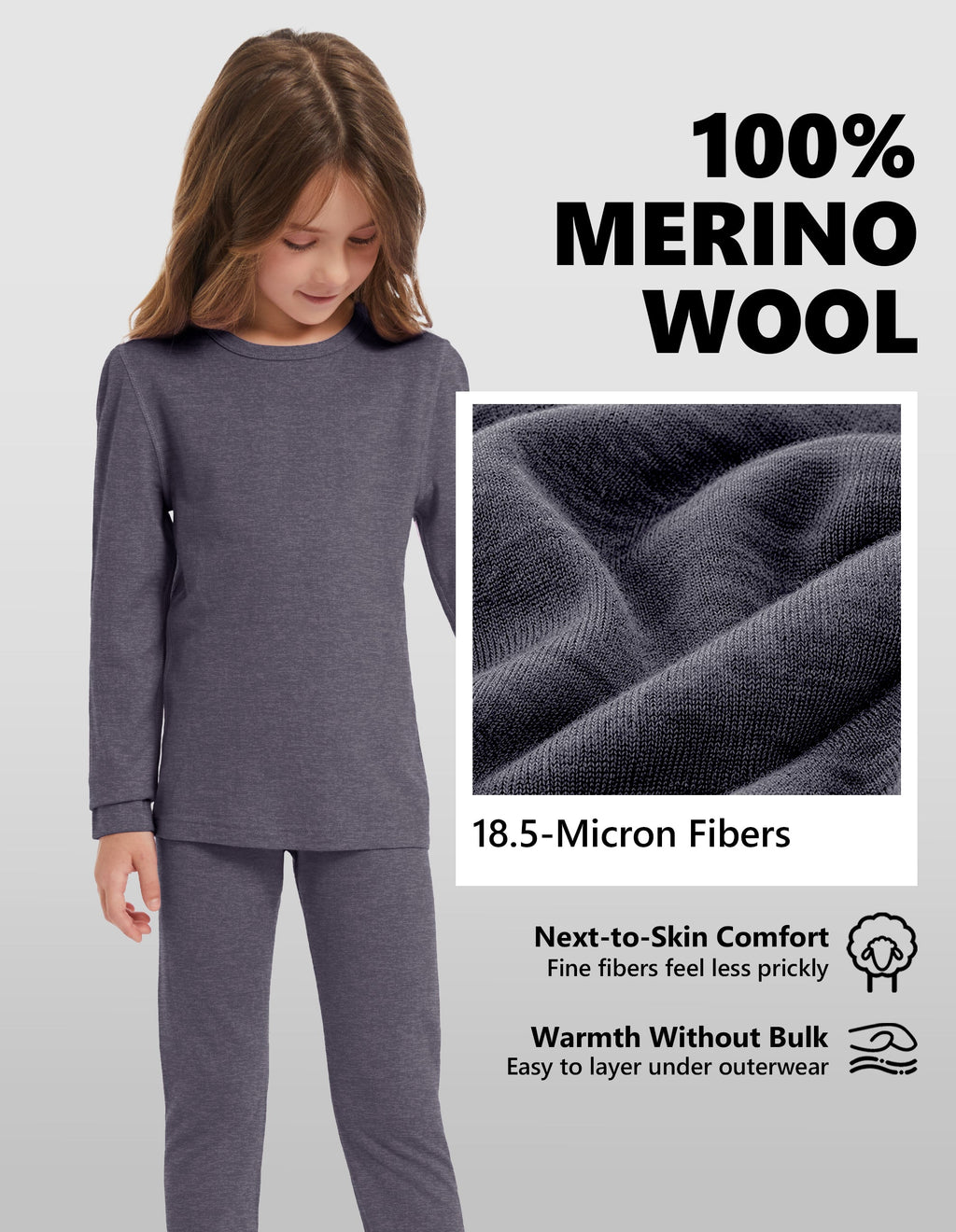 Woolcano Kid's 190g Merino Wool Unisex Base Layer Set Lightweight Thermal Underwear