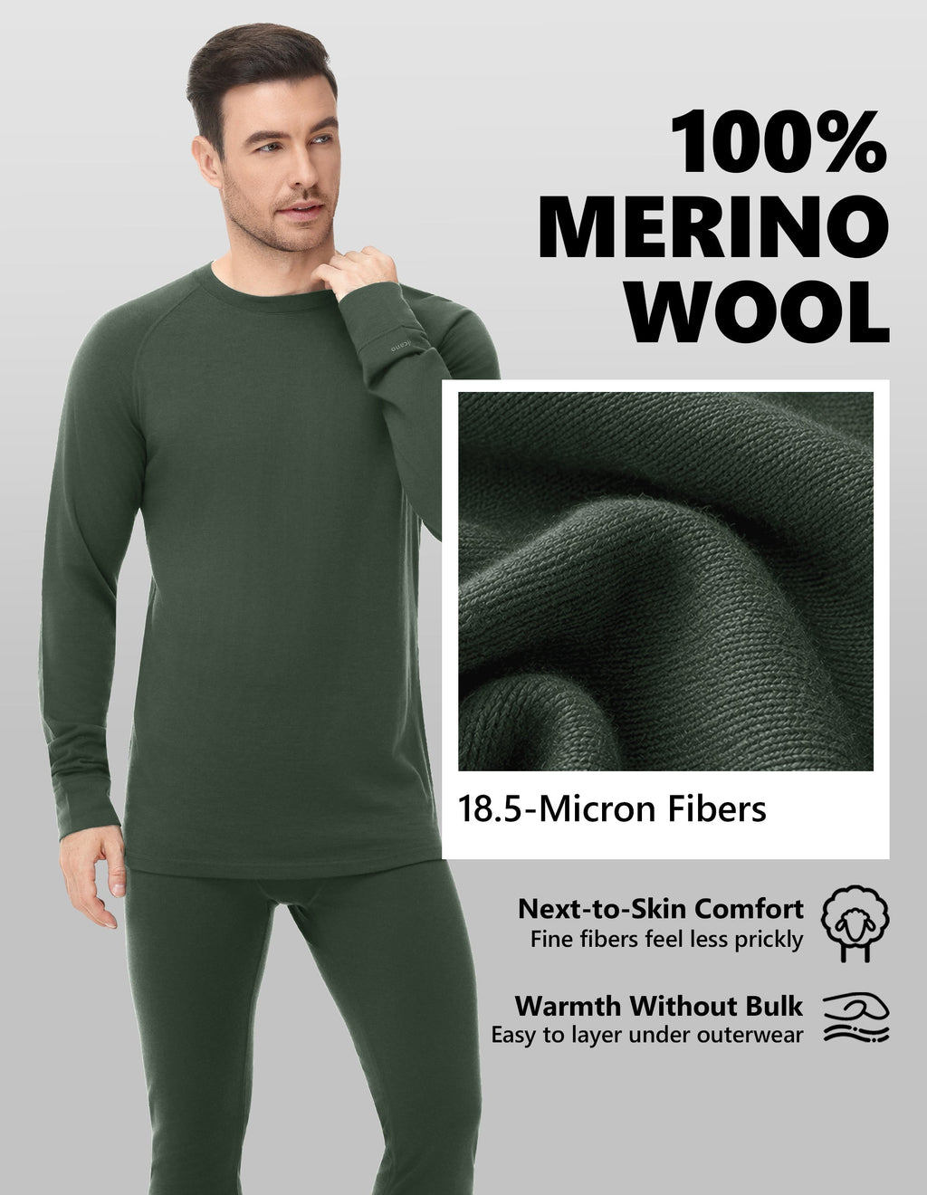 Woolcano Men’s 260g Merino Wool Base Layer Set Lightweight Thermal Underwear