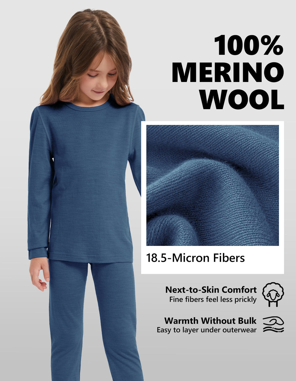 Woolcano Kid's 190g Merino Wool Unisex Base Layer Set Lightweight Thermal Underwear