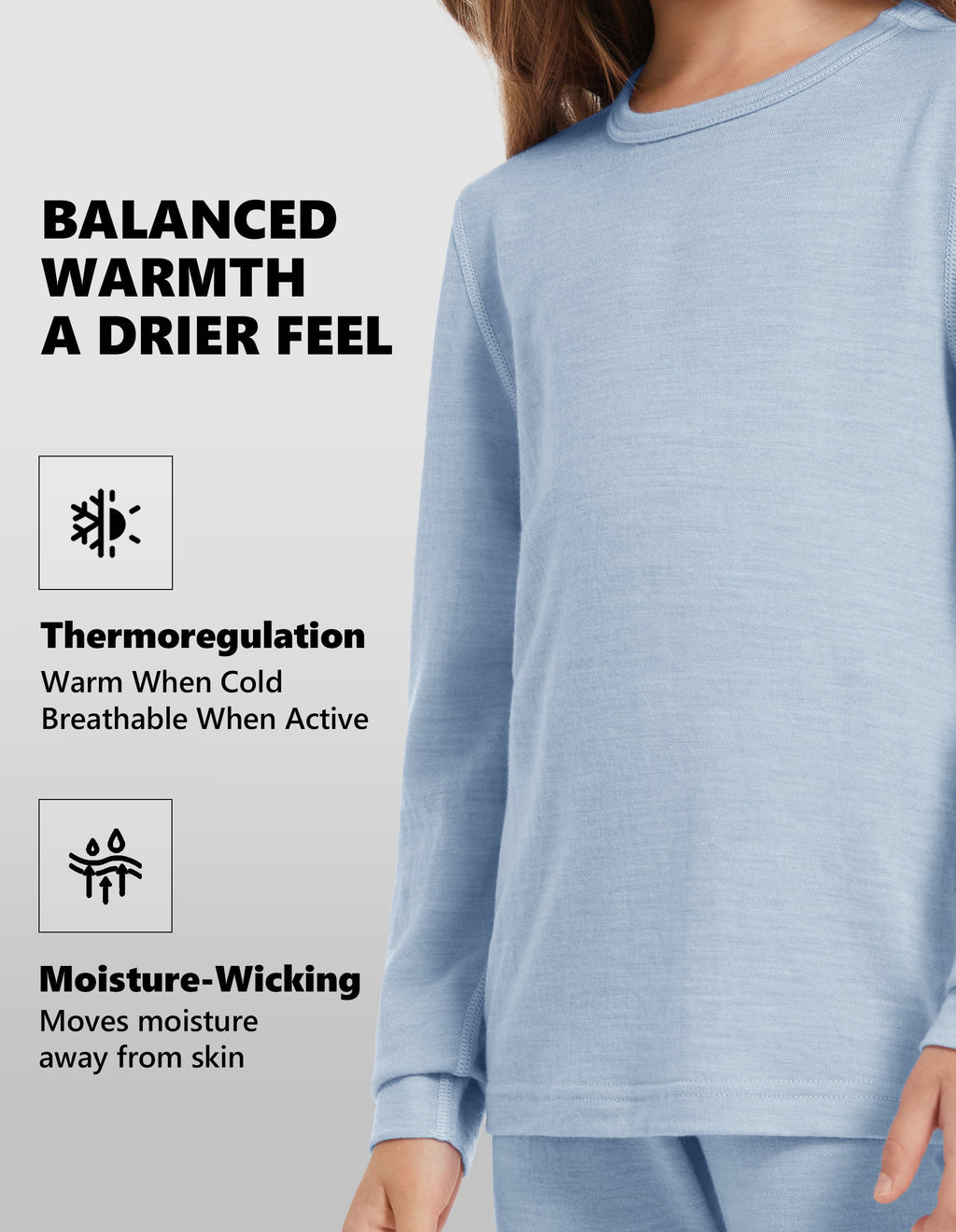 Woolcano Kid's 190g Merino Wool Unisex Base Layer Set Lightweight Thermal Underwear