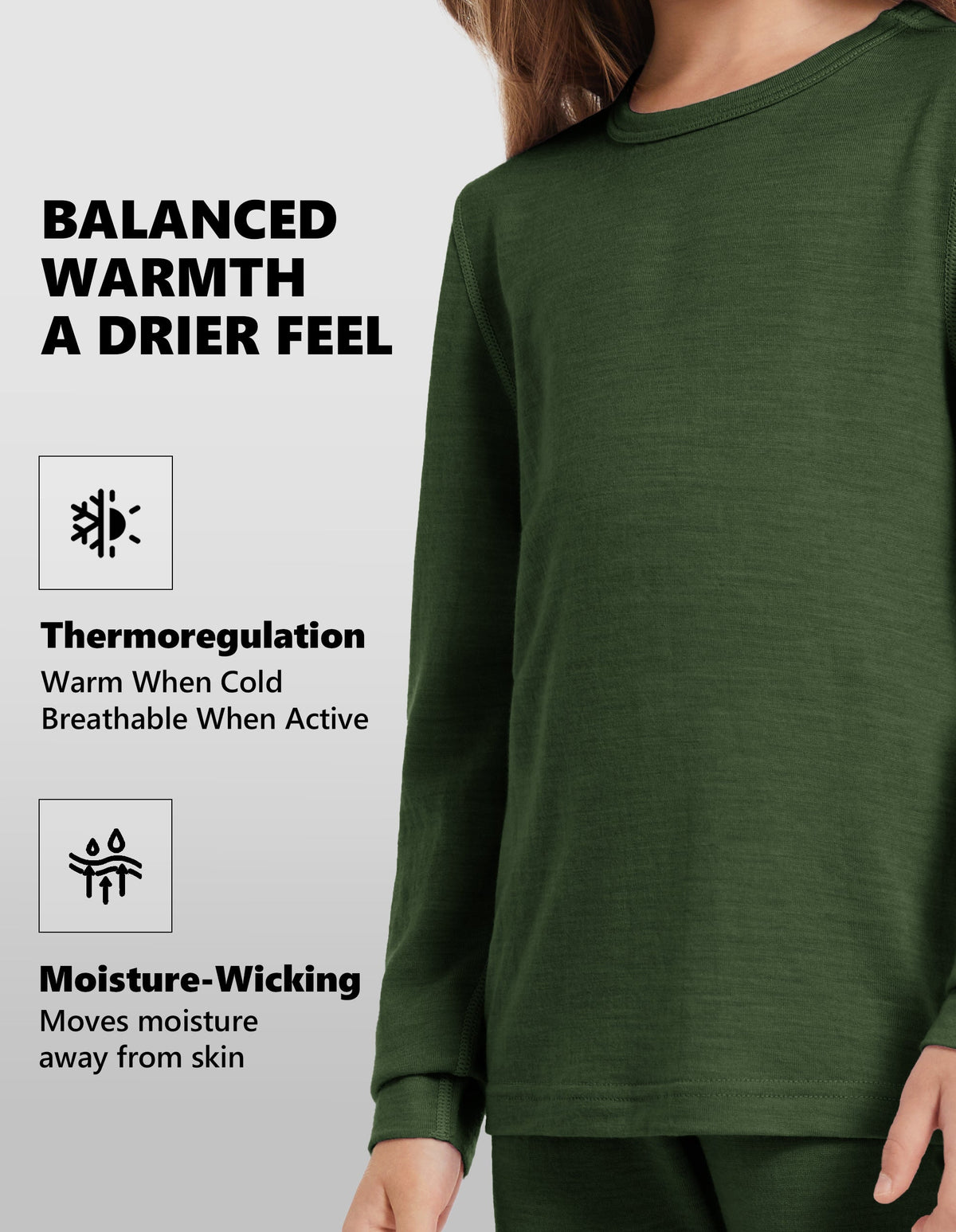Woolcano Kid's 190g Merino Wool Unisex Base Layer Set Lightweight Thermal Underwear