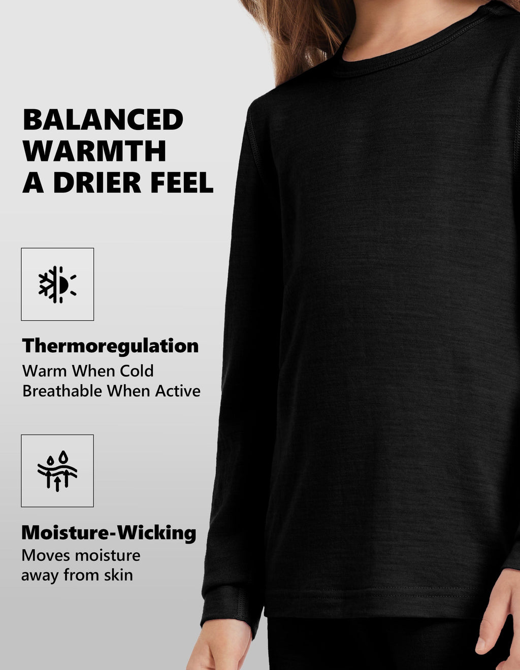 Woolcano Kid's 190g Merino Wool Unisex Base Layer Set Lightweight Thermal Underwear