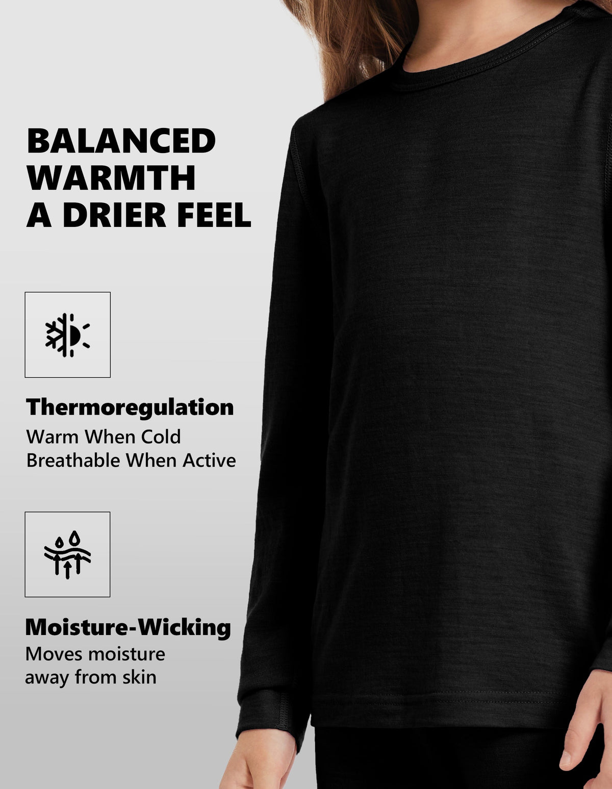 Woolcano Kid's 190g Merino Wool Unisex Base Layer Set Lightweight Thermal Underwear