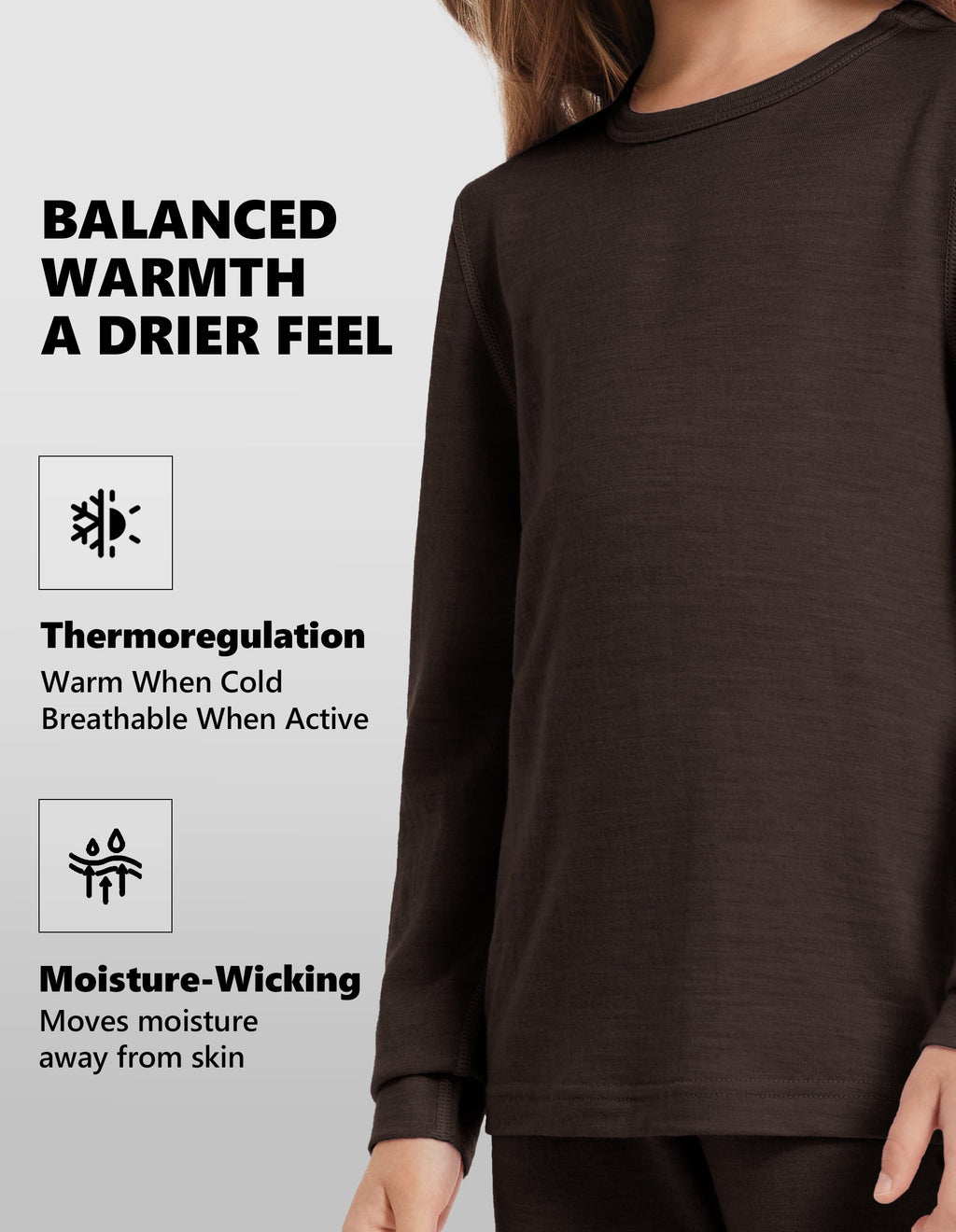 Woolcano Kid's 190g Merino Wool Unisex Base Layer Set Lightweight Thermal Underwear