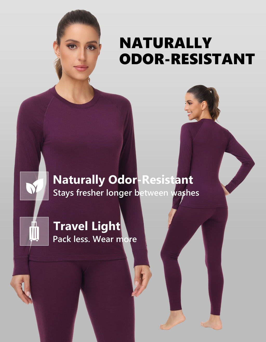 Woolcano Women's 190g Merino Wool Base Layer Set Lightweight Thermal Underwear