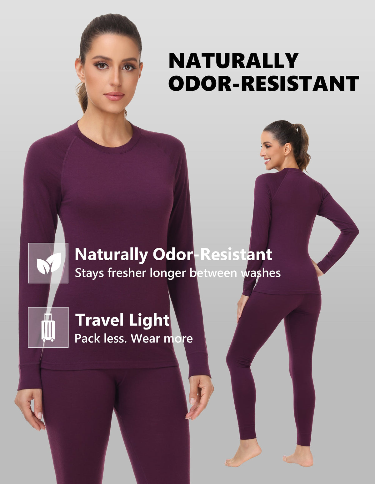 Woolcano Women's 190g Merino Wool Base Layer Set Lightweight Thermal Underwear