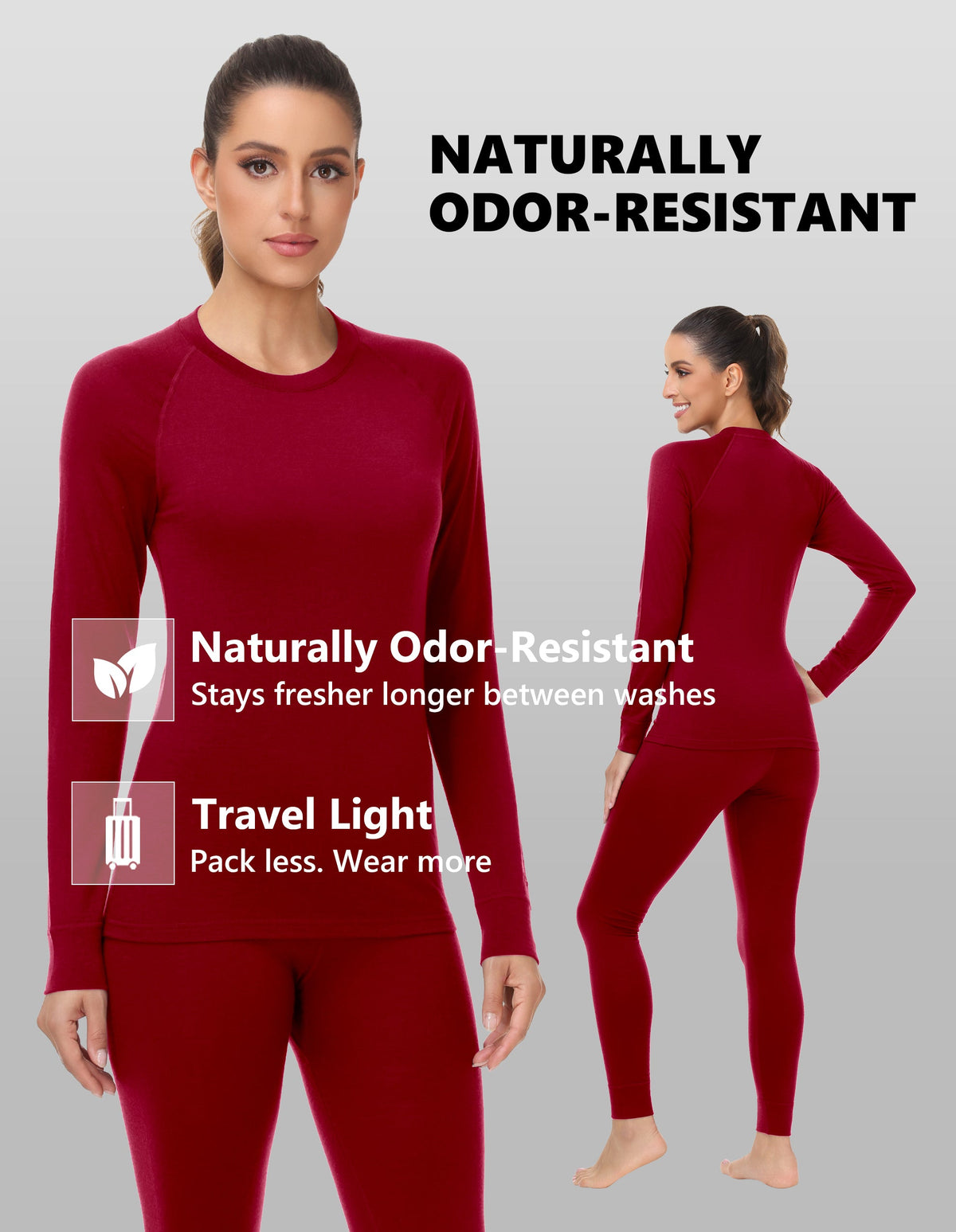 Woolcano Women's 190g Merino Wool Base Layer Set Lightweight Thermal Underwear