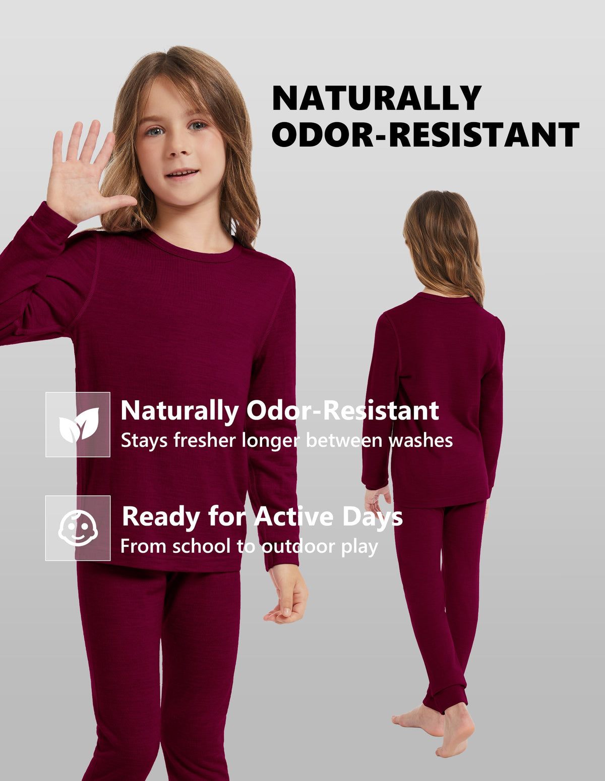 Woolcano Kid's 190g Merino Wool Unisex Base Layer Set Lightweight Thermal Underwear