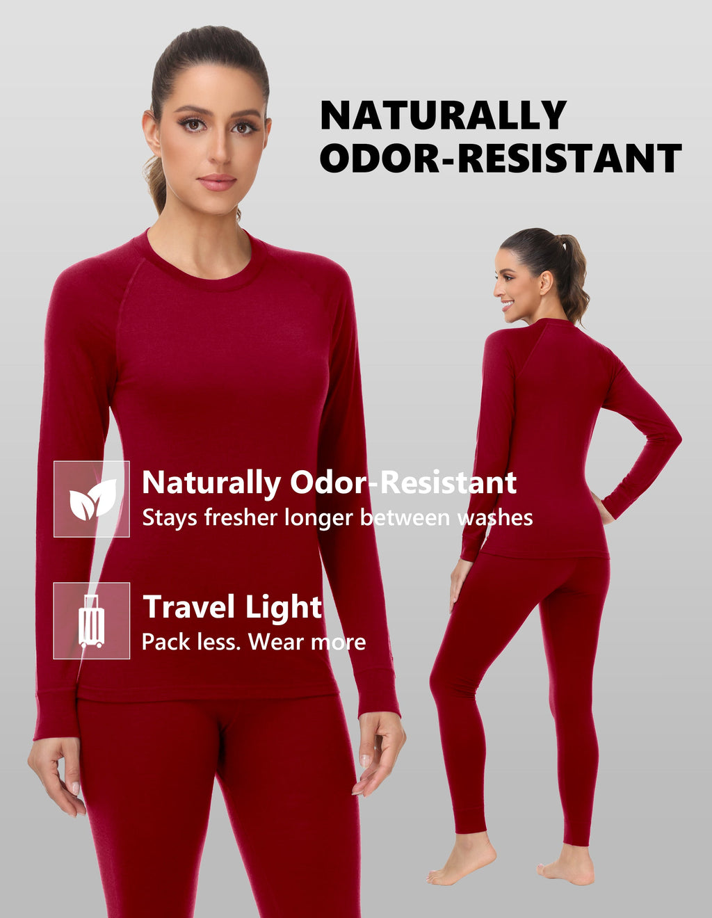 Woolcano Women's 260g Merino Wool Base Layer Set Lightweight Thermal Underwear