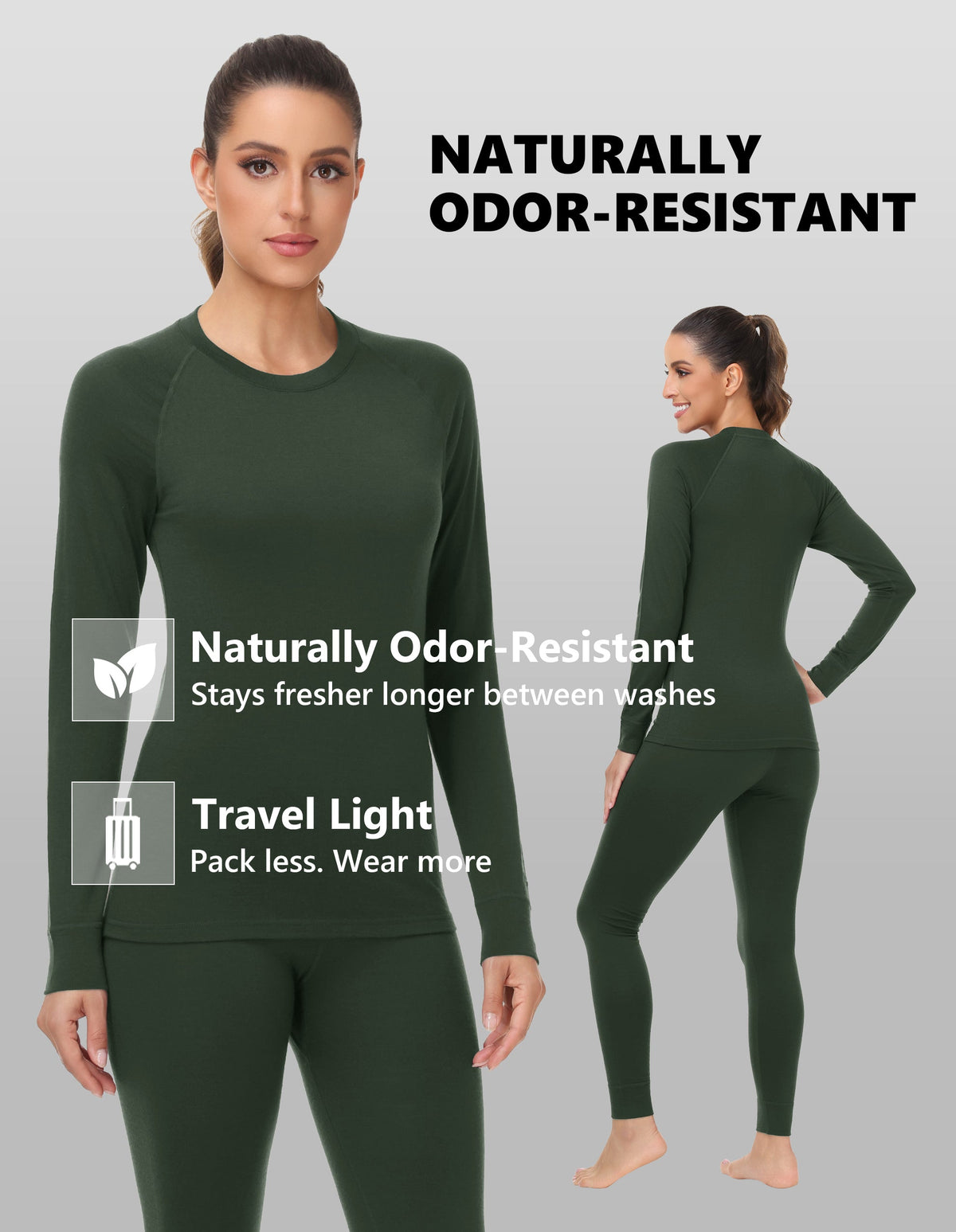Woolcano Women's 190g Merino Wool Base Layer Set Lightweight Thermal Underwear