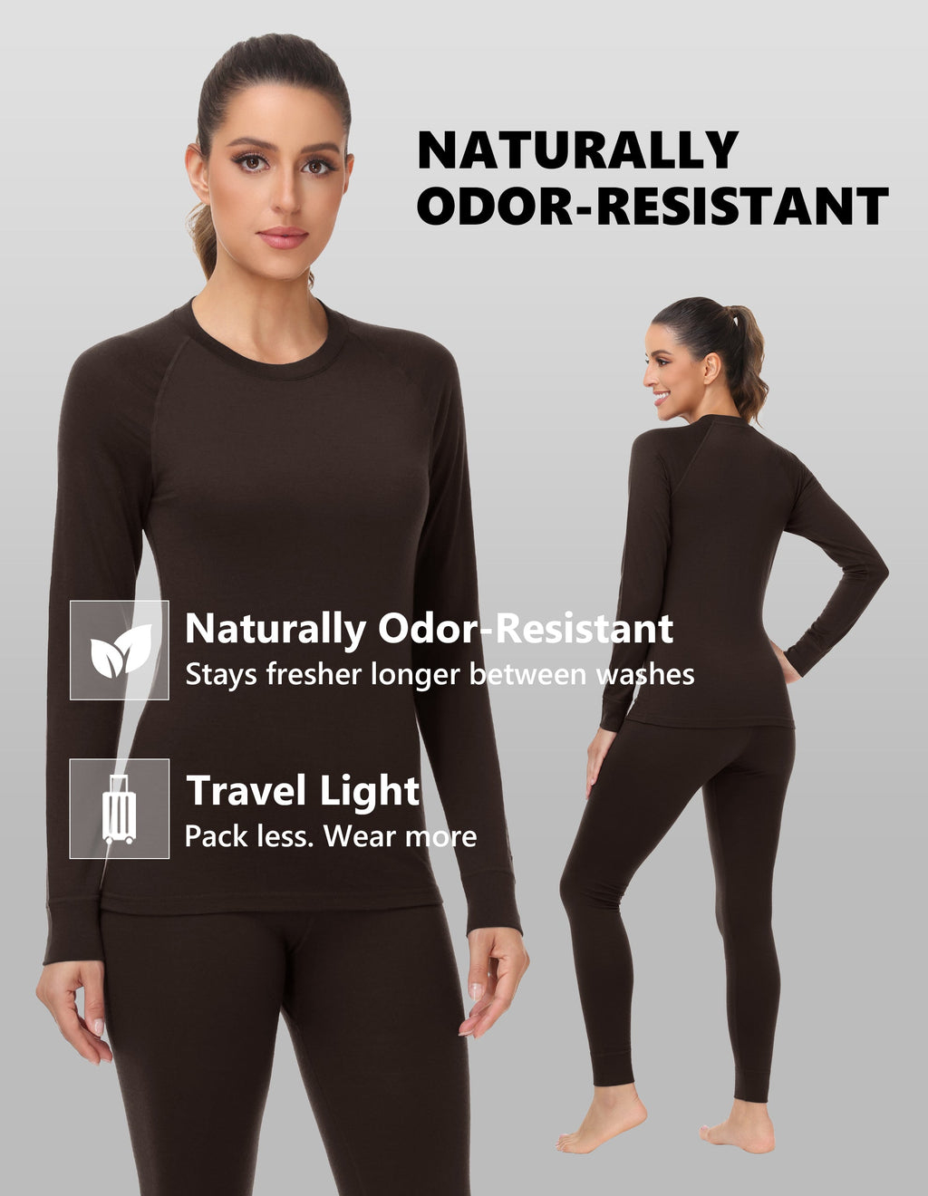 Woolcano Women's 190g Merino Wool Base Layer Set Lightweight Thermal Underwear