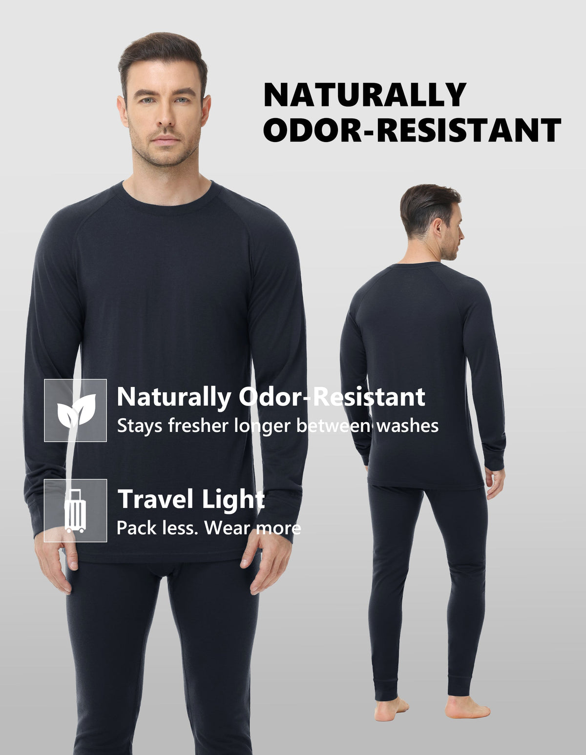 Woolcano Men’s 190g Merino Wool Base Layer Set Lightweight Thermal Underwear