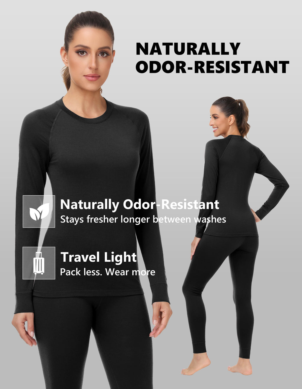 Woolcano Women's 190g Merino Wool Base Layer Set Lightweight Thermal Underwear